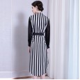 Spring new striped print dress femininity long-neck V-neck was thin waist long sleeve shirt skirt