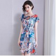 Spring new spring silk print dress loose lace round neck skirt women