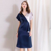 Spring new V-neck exquisite beaded collar printed stretch waist swing dress