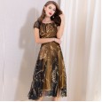 Summer new mesh printing dress women's waist temperament word collar big swing skirt