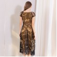 Summer new mesh printing dress women's waist temperament word collar big swing skirt