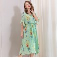 V-neck printed elasticated thin chiffon dress elegant irregular new summer