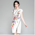Spring and summer new round neck short-sleeved printed waist embroidery embroidery split hip dress A0124080