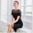 Spring new women's fashion lace stitching shoulder mesh waist slimming short-sleeved dress