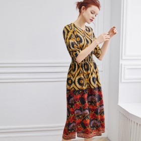 Spring new fashion silk temperament women's printed long-sleeved long waist dress