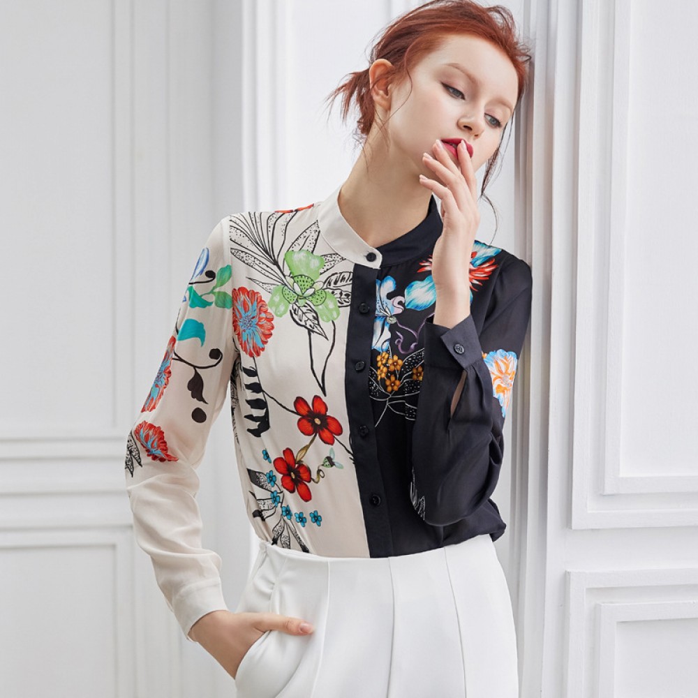 Printed contrast color flower shirt top women's fashion retro mulberry silk shirt