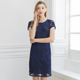 Early spring new women's disc flower round neck short sleeve heavy industry embroidery mesh yarn bag hip one-step dress