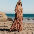 Spring and summer hot pink lace dress loose elastic thin waist sleeves big swing beach holiday sunscreen skirt