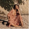 Spring and summer hot pink lace dress loose elastic thin waist sleeves big swing beach holiday sunscreen skirt