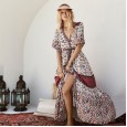 Spring and summer hot dresses British women's v-neck single-breasted big swing print dress
