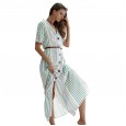 New spring new women's striped single-row button lapel short sleeve long dress