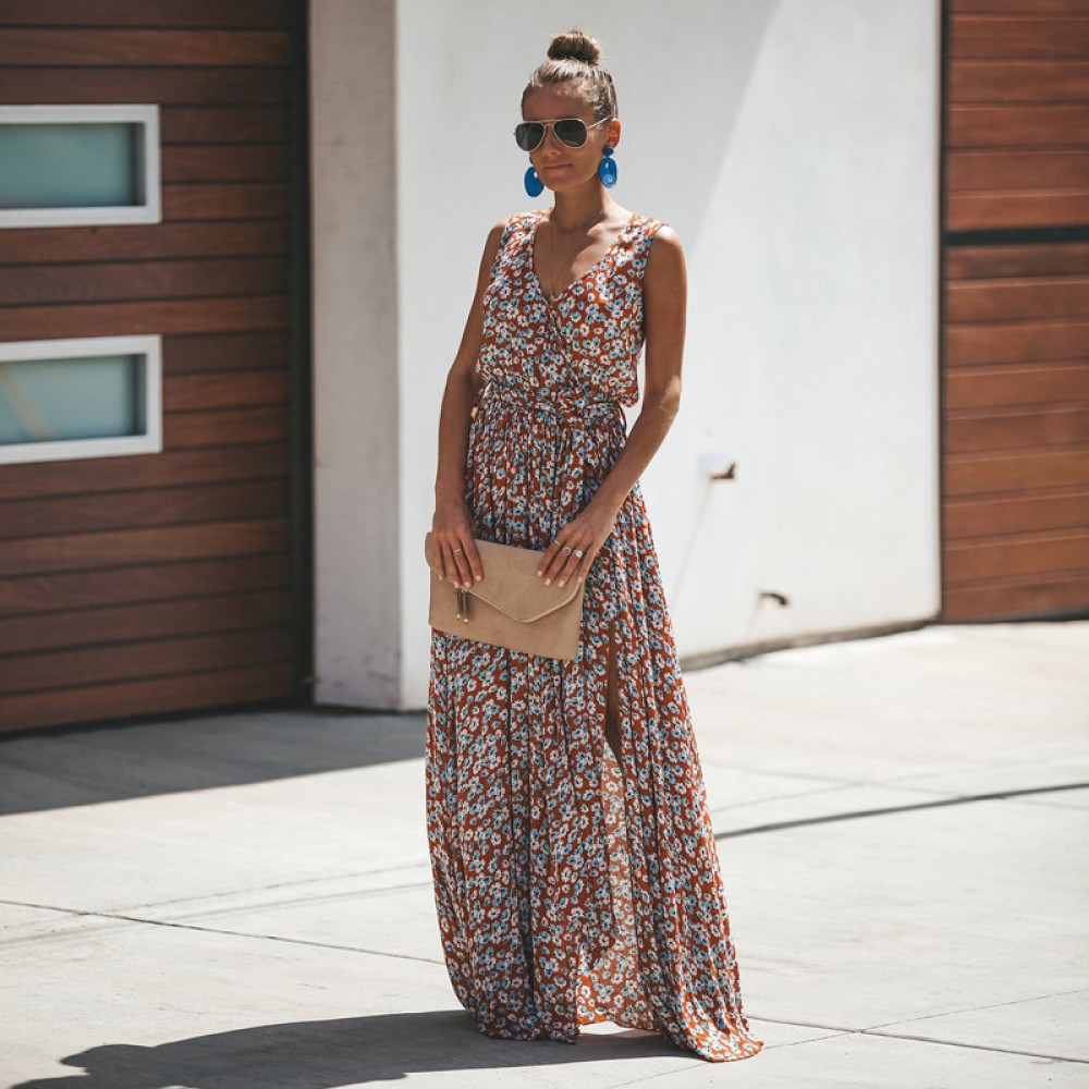 Women's New Summer Dress Bohemian V-neck Digital Print Lace Beach Women's Long Skirt