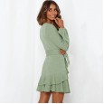Autumn and Winter Dress Ruffled Pleated Long Sleeve Lace V-neck Pink Women's Skirt