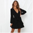 Autumn and Winter Dress Ruffled Pleated Long Sleeve Lace V-neck Pink Women's Skirt