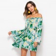 Summer off-the-shoulder sexy dress with printed elastic waist and a collar dress