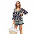 Spring new hot sale women's V-neck printed 3/4 sleeves jumpsuit fringed shorts women