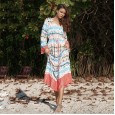 Hot Women's Dress Long Sleeve Big Wave Print Loose V-neck Long Skirt