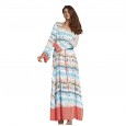 Hot Women's Dress Long Sleeve Big Wave Print Loose V-neck Long Skirt