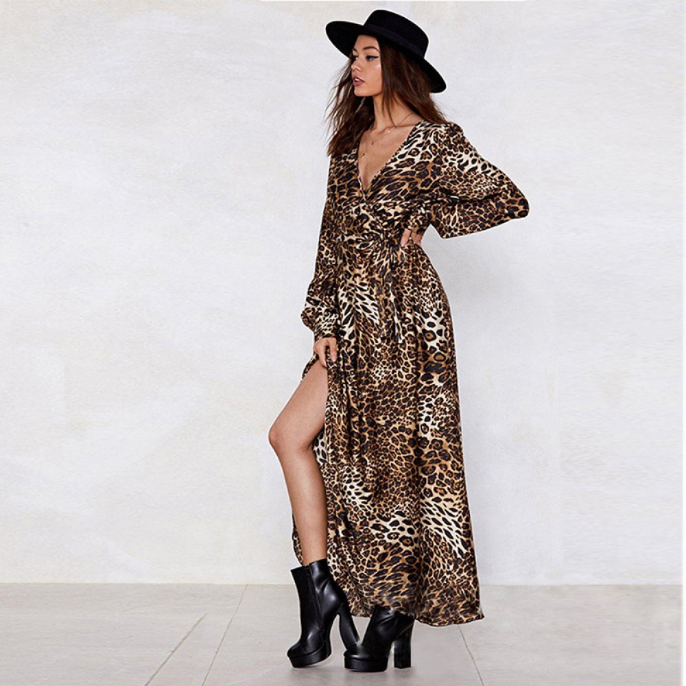 Leopard Print Long Sleeve Deep V-Neck Lace Long Swing Cardigan Dress Spring
