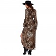 Leopard Print Long Sleeve Deep V-Neck Lace Long Swing Cardigan Dress Spring