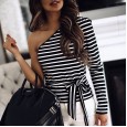 Autumn one-shoulder long-sleeved black and white striped fashion lace-up ladies T-shirt