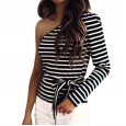 Autumn one-shoulder long-sleeved black and white striped fashion lace-up ladies T-shirt