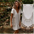 Single-breasted deep V-neck cotton and linen dress spring and summer