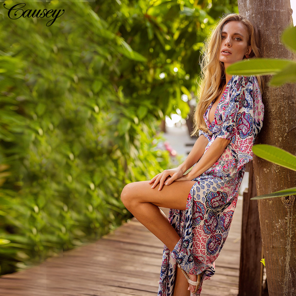 Open-back lace-up hot-sale 3/4 sleeve printed women's dress