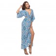 Open-back lace-up hot-sale 3/4 sleeve printed women's dress