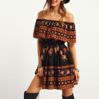 Spring women's new women's hot sale one-line collar skirt print dress dress