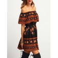 Spring women's new women's hot sale one-line collar skirt print dress dress