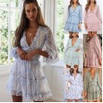 Fashionable short dress women's new lotus leaf V-neck floral cake skirt lantern sleeves hot sale