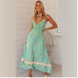 Spring and summer new bohemian print ruffled big swing type V-neck strap dress