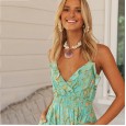 Spring and summer new bohemian print ruffled big swing type V-neck strap dress