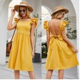 Hot spring and summer new sleeveless stitching ruffled sleeve square collar solid color halter lace dress