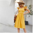 Hot spring and summer new sleeveless stitching ruffled sleeve square collar solid color halter lace dress