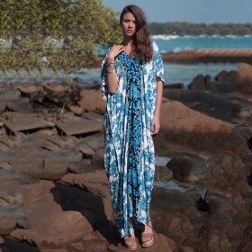 Summer dress printed V-neck bat sleeve long skirt female robe