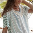 New Women's Spring Wear Big Stripe Tassel V-neck Short Sleeve Robe Dress Bohemian Beach Holiday Skirt