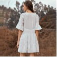 Spring and summer new solid color stitching ruffle fringed neckline lace trumpet sleeve dress