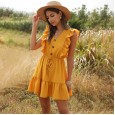 Fashionable women's summer new yellow V-neck ruffled foam lace dress