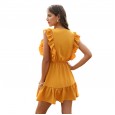 Fashionable women's summer new yellow V-neck ruffled foam lace dress