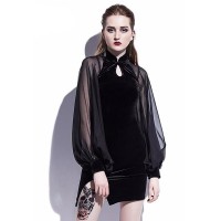 Autumn and winter new women's button stand collar sexy long-sleeved black fleece fashion top