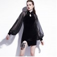 Autumn and winter new women's button stand collar sexy long-sleeved black fleece fashion top