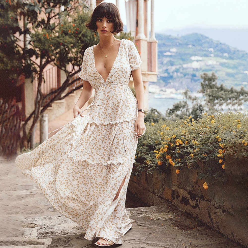 Women's Bohemian Ruffled Floral V-Neck Dress