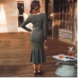 Autumn women's new dress long-sleeved clothing fashion bag hip lotus leaf sexy solid color V-neck skirt