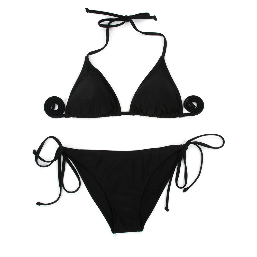 Spring and summer new black gathered sexy split bikini ladies swimsuit solid color