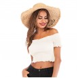 Summer new women's fashion fungus earrings T-shirt top word collar exposed navel short sleeves