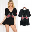 Autumn women's sexy wild V-neck embroidery printed jumpsuit skirt