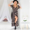 Vintage floral V-neck slit short sleeve chiffon dress holiday beach skirt