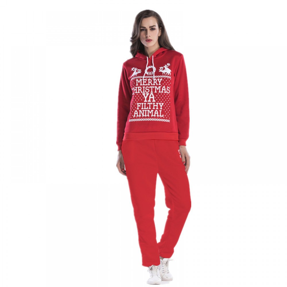 Women's casual suit spring and autumn new women's hooded Christmas element sweater trousers two-piece suit